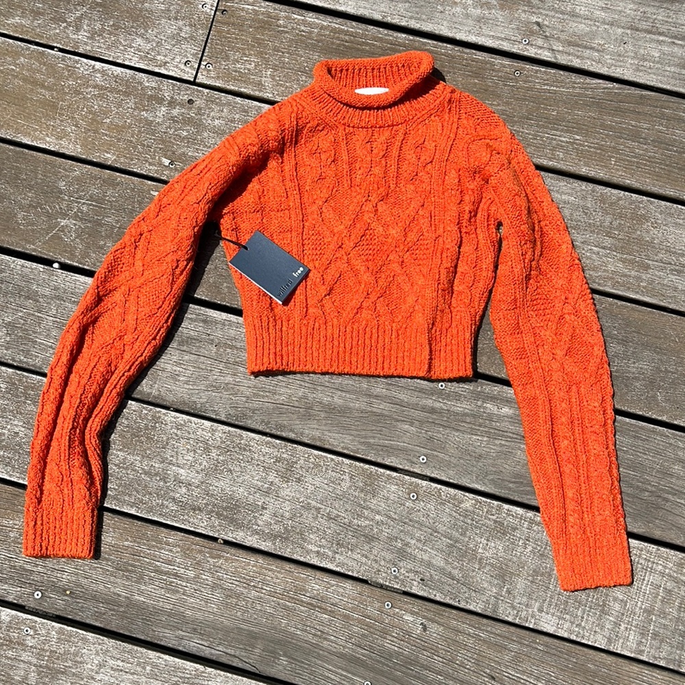 Burnt orange, knit sweater, turtleneck.